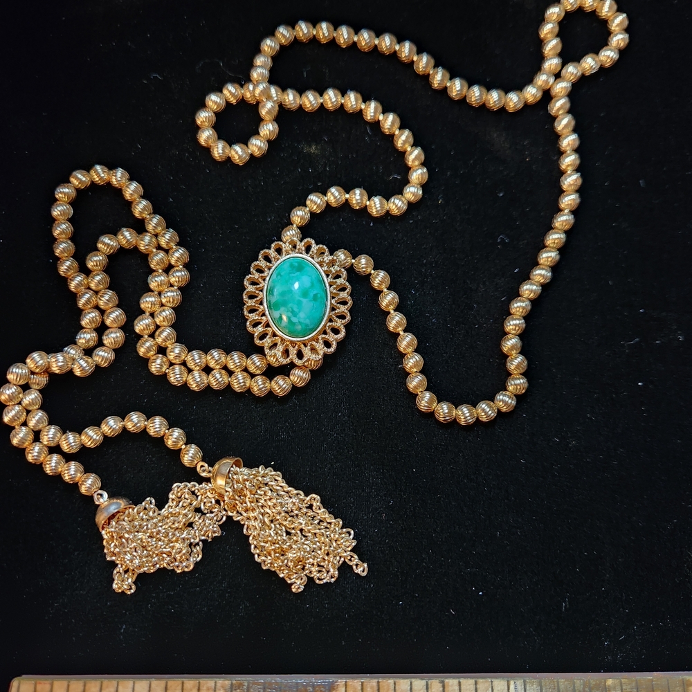 Vintage AVON Chain Necklace Lariat Tassel Fringe Slide Pendant Gold Tone Plate